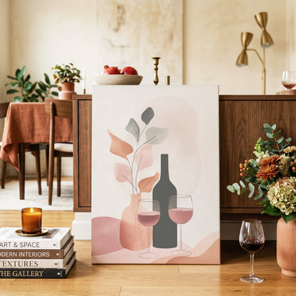 A Toast in Terracotta, beige, black, pink minimalist wall art on canvas displayed in a styled interior, gallery view 2