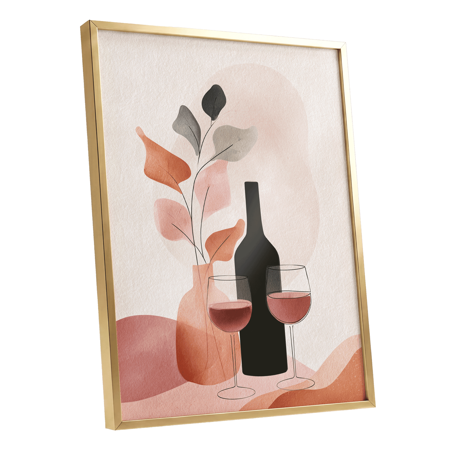A Toast in Terracotta, beige, black, pink minimalist wall art shown as a gold framed poster wall art print
