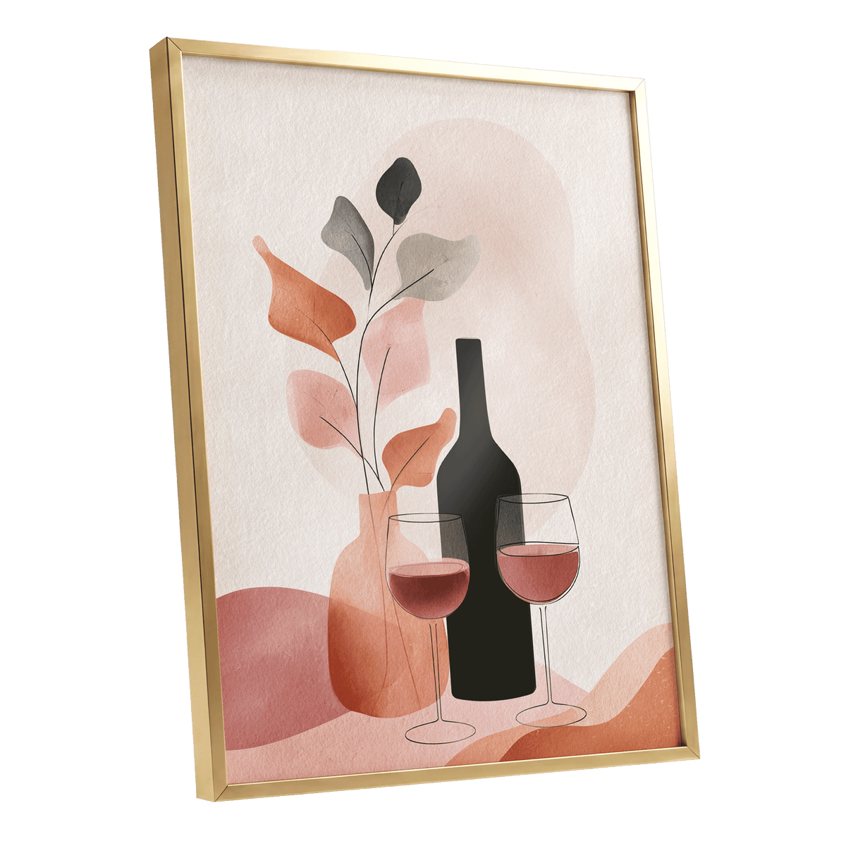 A Toast in Terracotta, beige, black, pink minimalist wall art shown as a gold framed poster wall art print
