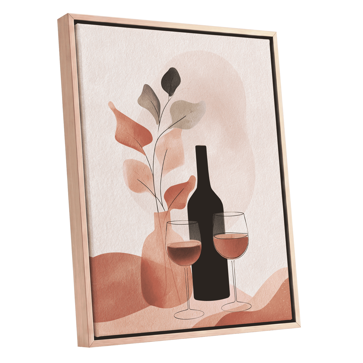 A Toast in Terracotta, beige, black, pink minimalist wall art shown as a oak framed canvas wall art