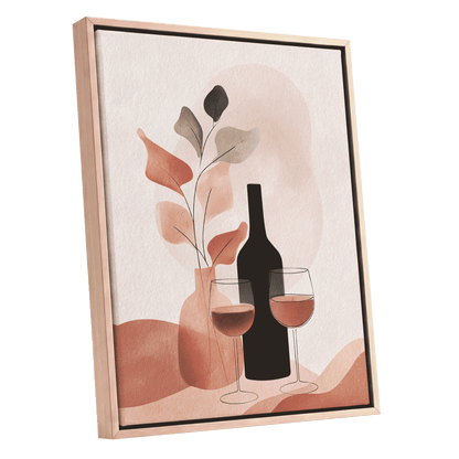 A Toast in Terracotta, beige, black, pink minimalist wall art shown as a oak framed canvas wall art