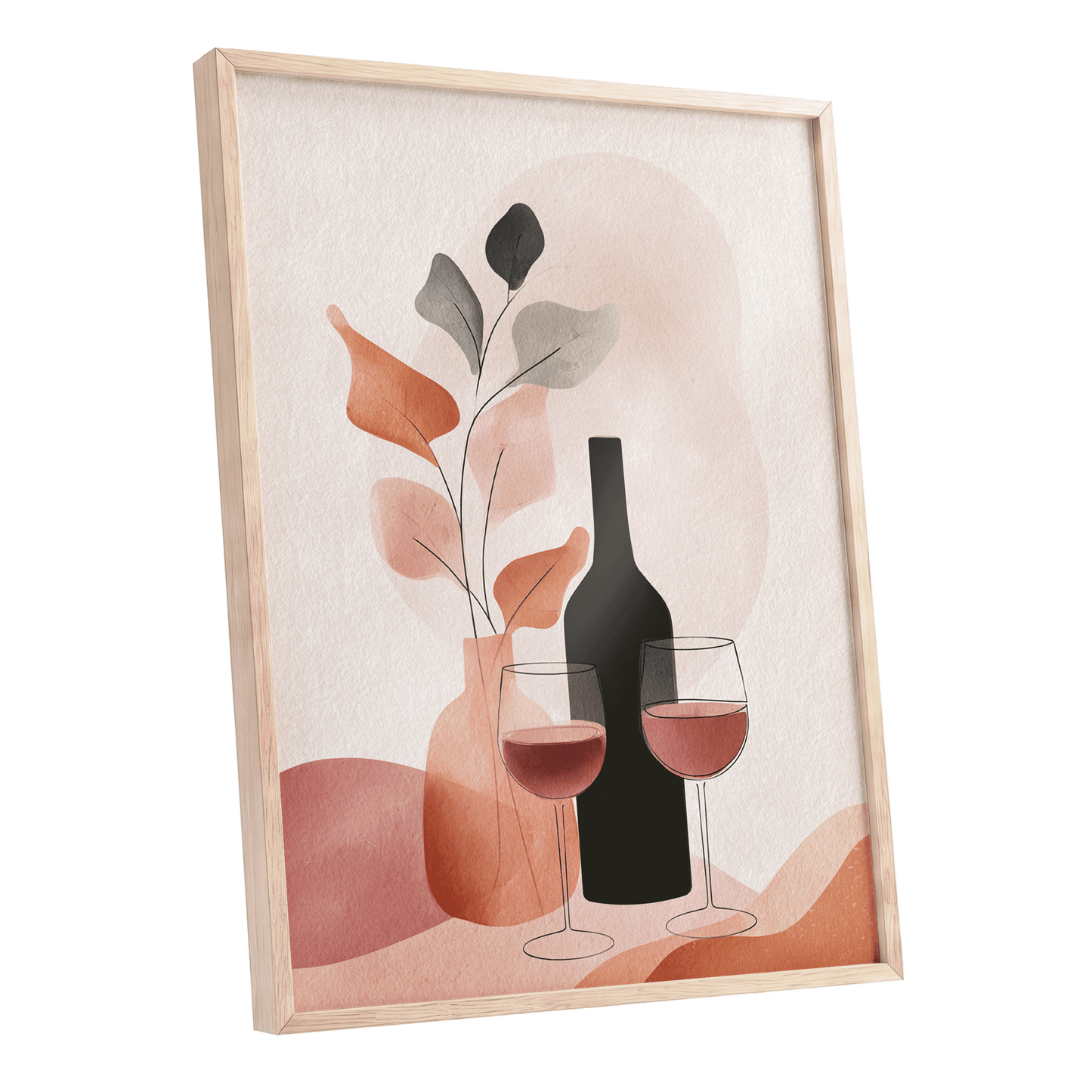 A Toast in Terracotta, beige, black, pink minimalist wall art shown as a oak framed poster wall art print