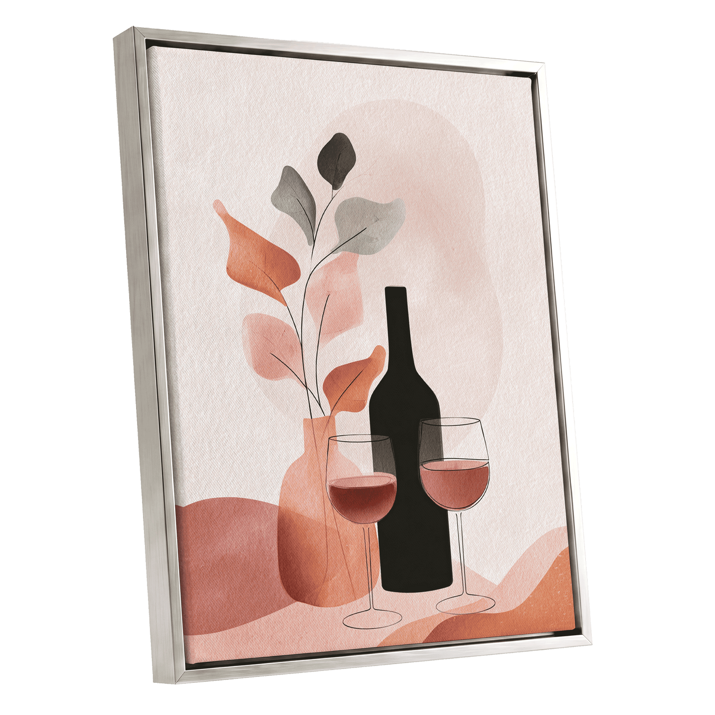 A Toast in Terracotta, beige, black, pink minimalist wall art shown as a silver framed canvas wall art
