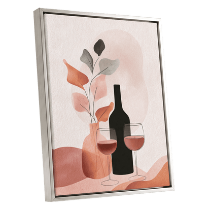 A Toast in Terracotta, beige, black, pink minimalist wall art shown as a silver framed canvas wall art