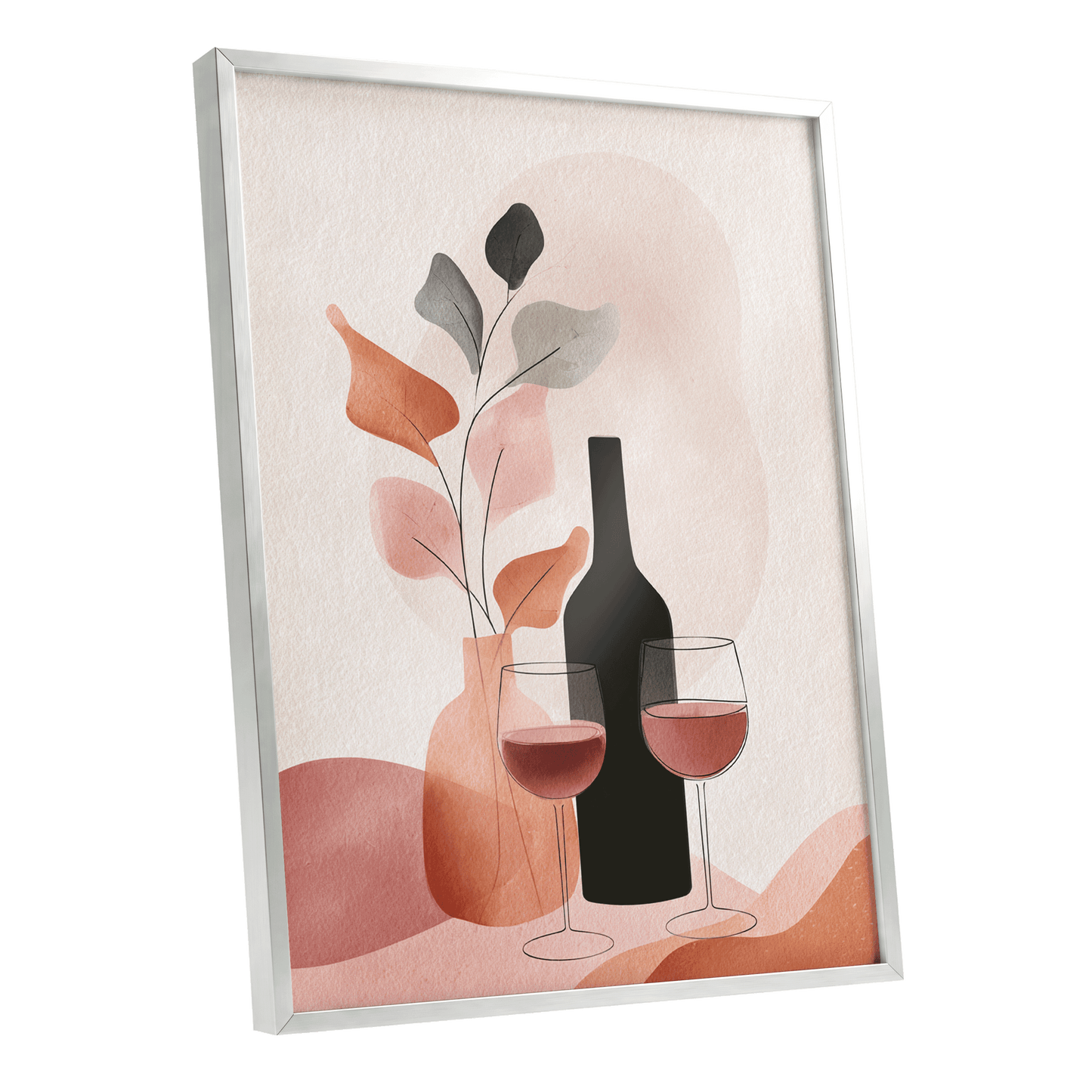 A Toast in Terracotta, beige, black, pink minimalist wall art shown as a silver framed poster wall art print