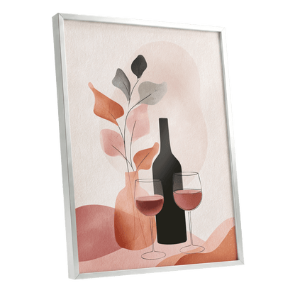 A Toast in Terracotta, beige, black, pink minimalist wall art shown as a silver framed poster wall art print