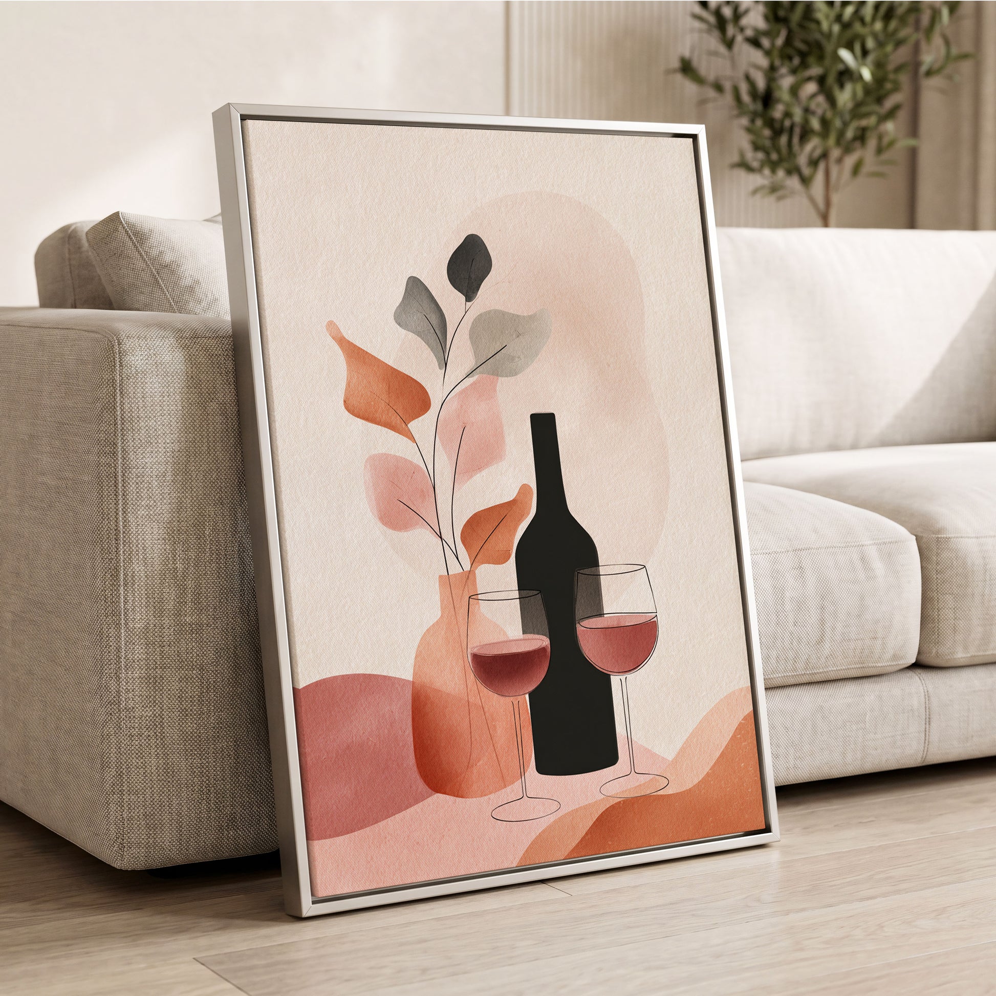 A Toast in Terracotta, beige, black, pink minimalist wall art displayed in a styled interior, gallery view 2