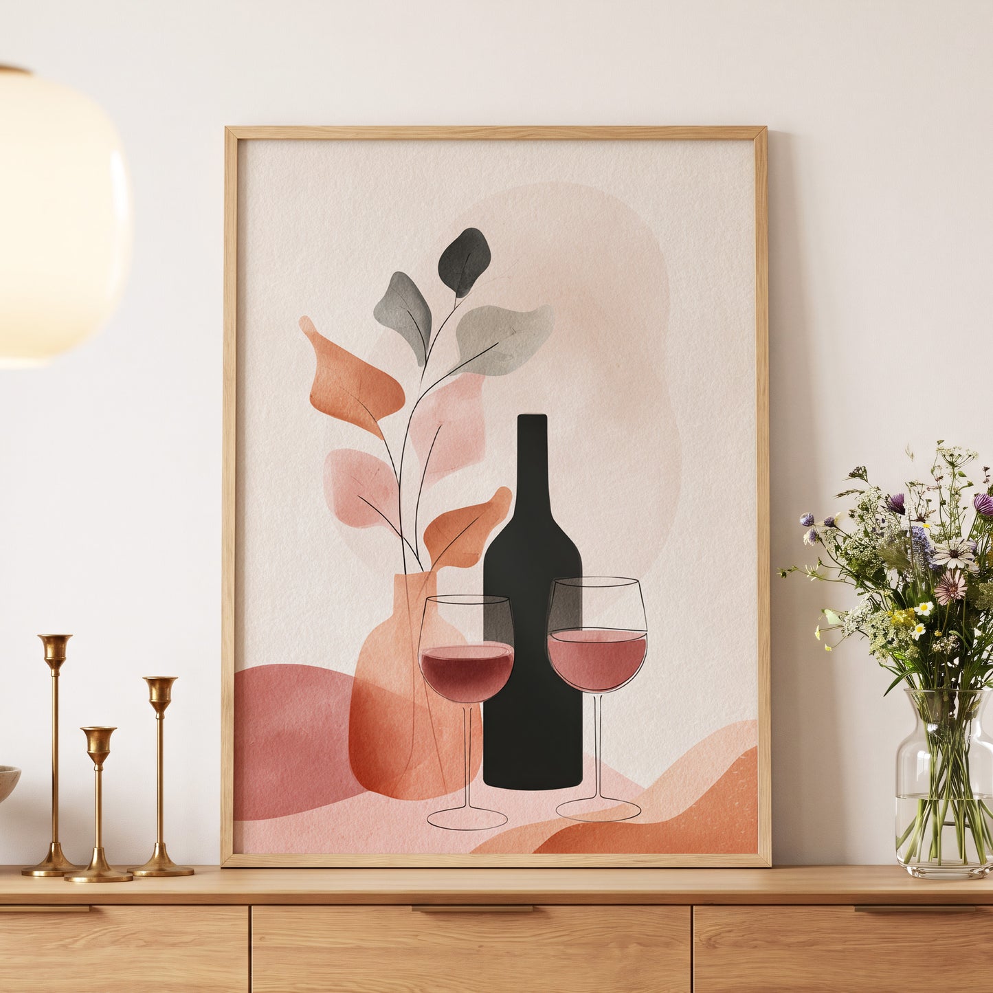 A Toast in Terracotta, beige, black, pink minimalist wall art displayed in a styled interior, gallery view 5