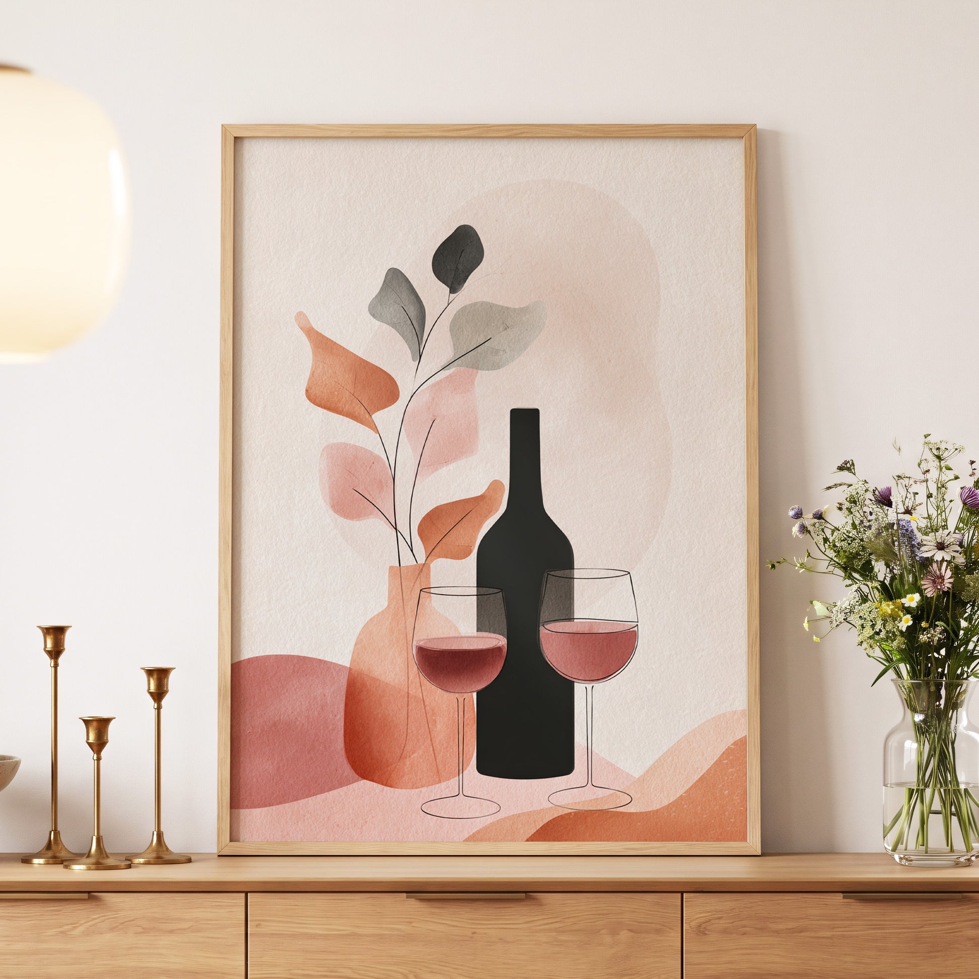 A Toast in Terracotta, beige, black, pink minimalist wall art displayed in a styled interior, gallery view 5