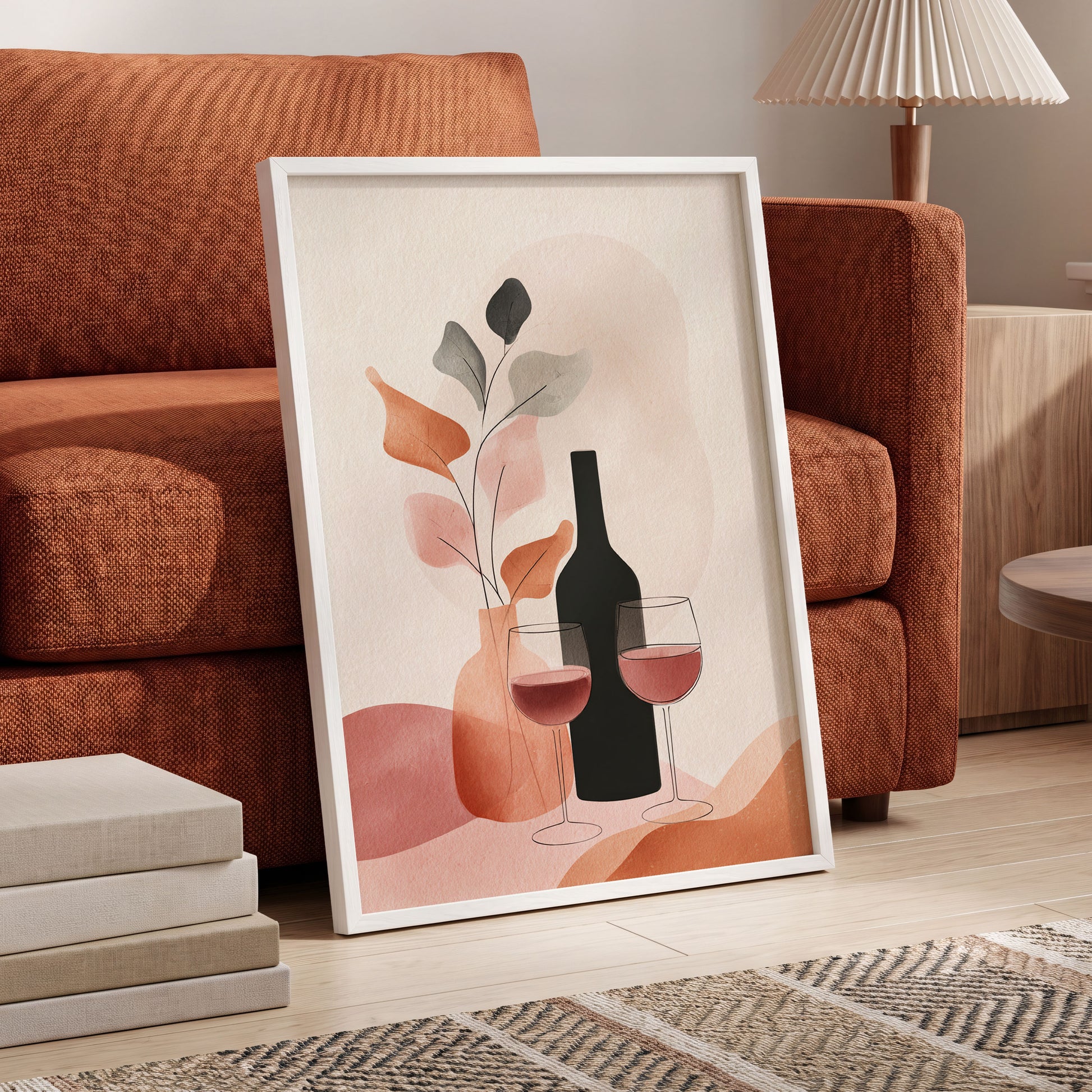 A Toast in Terracotta, beige, black, pink minimalist wall art displayed in a styled interior, gallery view 6