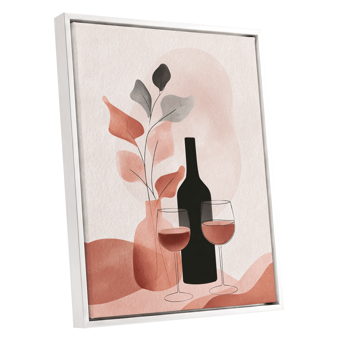 A Toast in Terracotta, beige, black, pink minimalist wall art shown as a white framed canvas wall art