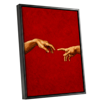 A Touch of Vermilion, red, gold, brown minimalist wall art shown as a black framed canvas wall art
