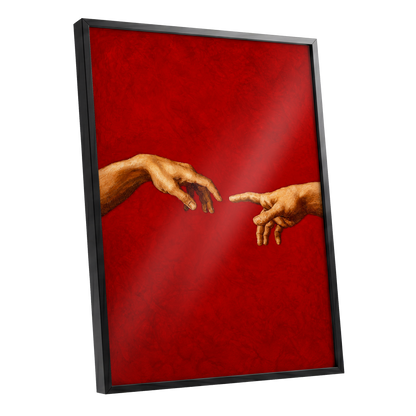 A Touch of Vermilion, red, gold, brown minimalist wall art shown as a black framed poster wall art print