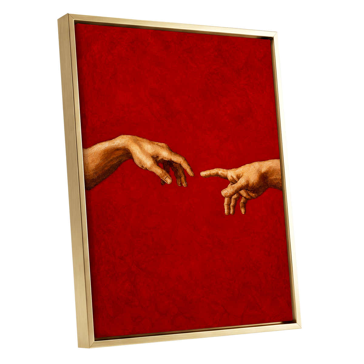 A Touch of Vermilion, red, gold, brown minimalist wall art shown as a gold framed canvas wall art