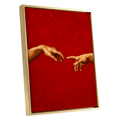 A Touch of Vermilion, red, gold, brown minimalist wall art shown as a gold framed canvas wall art