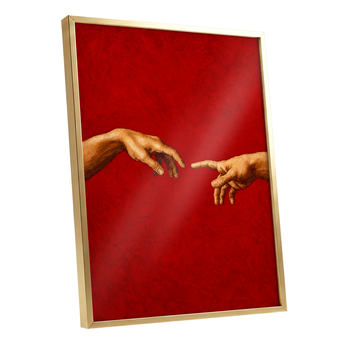 A Touch of Vermilion, red, gold, brown minimalist wall art shown as a gold framed poster wall art print