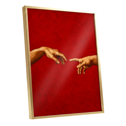 A Touch of Vermilion, red, gold, brown minimalist wall art shown as a gold framed poster wall art print