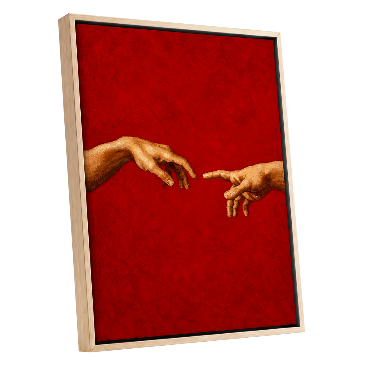 A Touch of Vermilion, red, gold, brown minimalist wall art shown as a oak framed canvas wall art