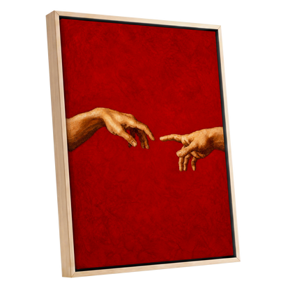 A Touch of Vermilion, red, gold, brown minimalist wall art shown as a oak framed canvas wall art
