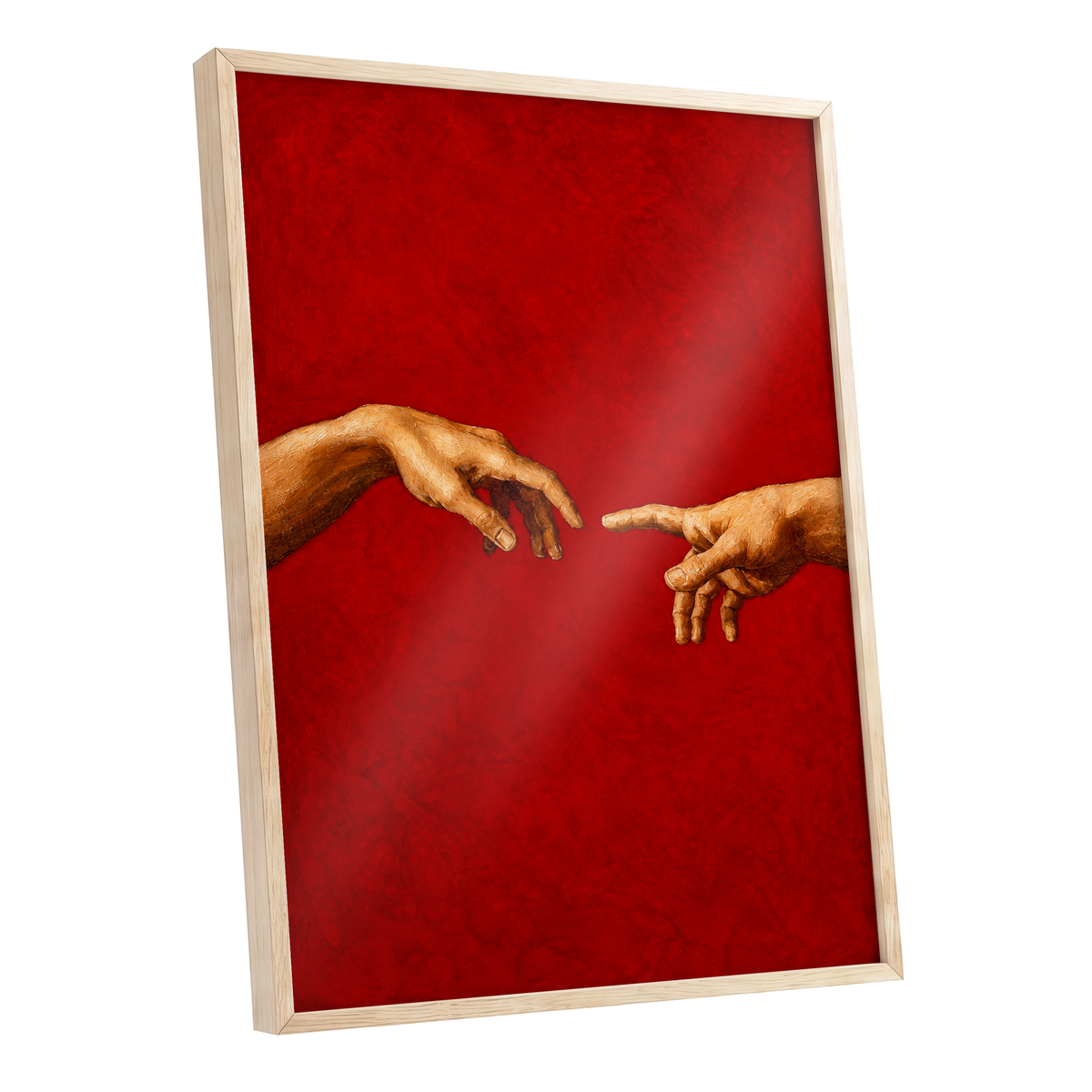 A Touch of Vermilion, red, gold, brown minimalist wall art shown as a oak framed poster wall art print