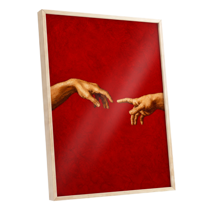 A Touch of Vermilion, red, gold, brown minimalist wall art shown as a oak framed poster wall art print