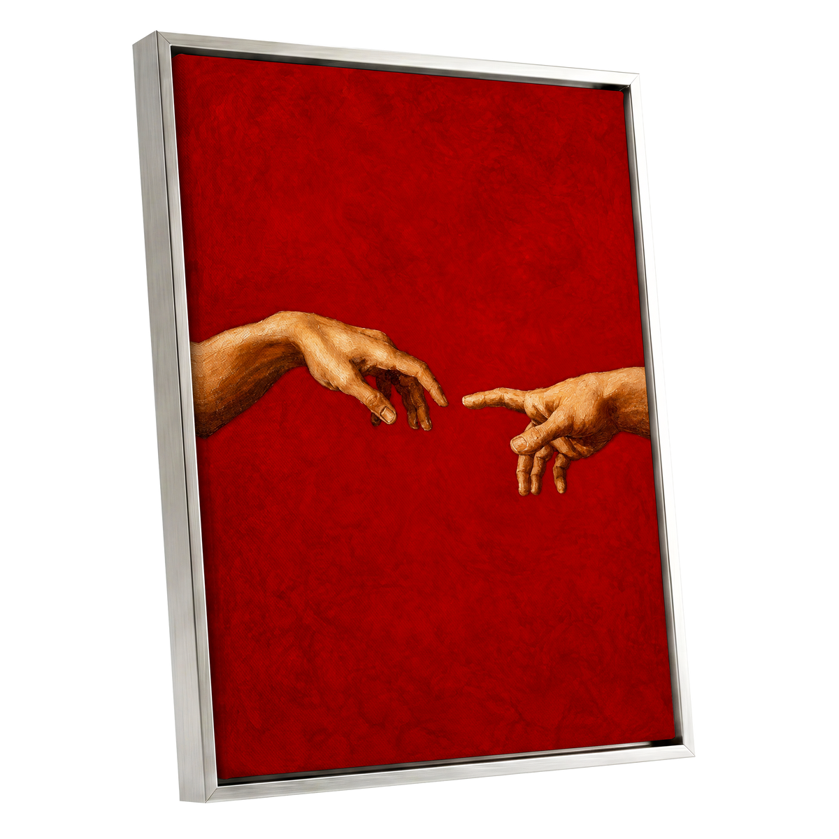 A Touch of Vermilion, red, gold, brown minimalist wall art shown as a silver framed canvas wall art