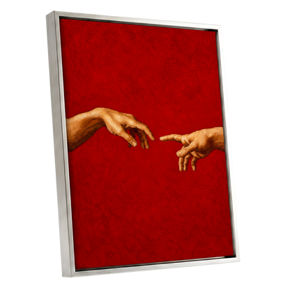 A Touch of Vermilion, red, gold, brown minimalist wall art shown as a silver framed canvas wall art