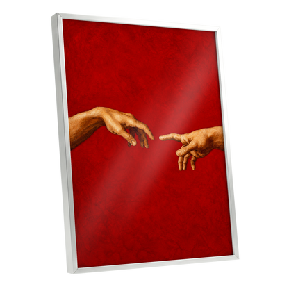 A Touch of Vermilion, red, gold, brown minimalist wall art shown as a silver framed poster wall art print