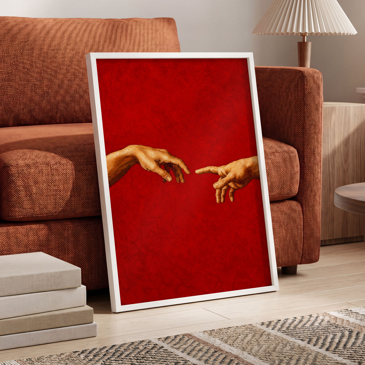 A Touch of Vermilion, red, gold, brown minimalist wall art displayed in a styled interior, gallery view 6