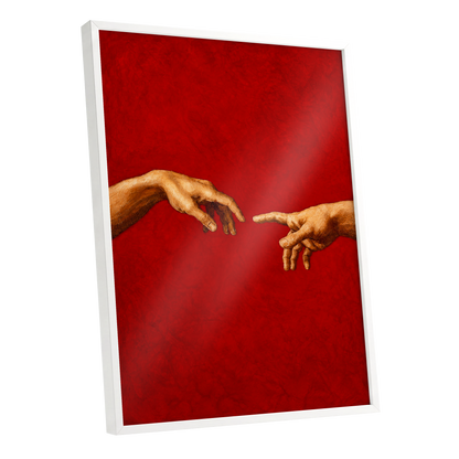 A Touch of Vermilion, red, gold, brown minimalist wall art shown as a white framed poster wall art print