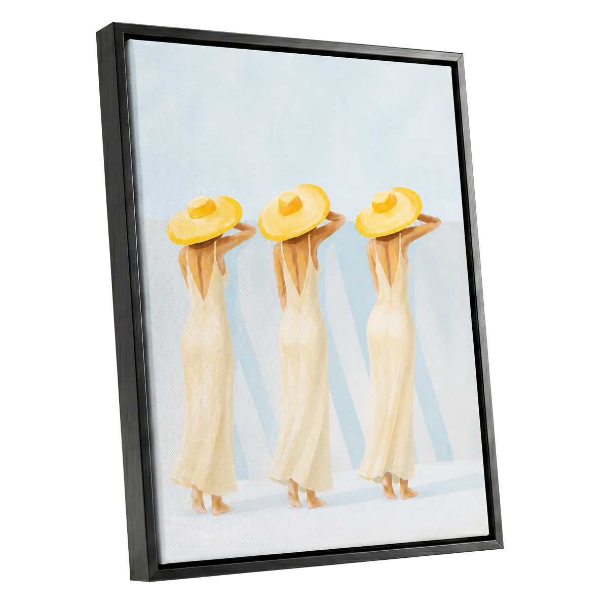 A Trio in Sunshine, blue, beige, yellow minimalist wall art shown as a black framed canvas wall art