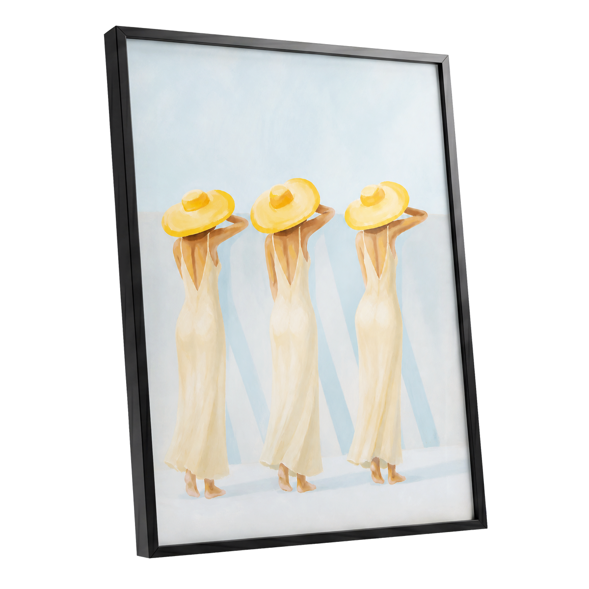 A Trio in Sunshine, blue, beige, yellow minimalist wall art shown as a black framed poster wall art print