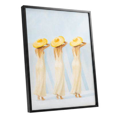 A Trio in Sunshine, blue, beige, yellow minimalist wall art shown as a black framed poster wall art print