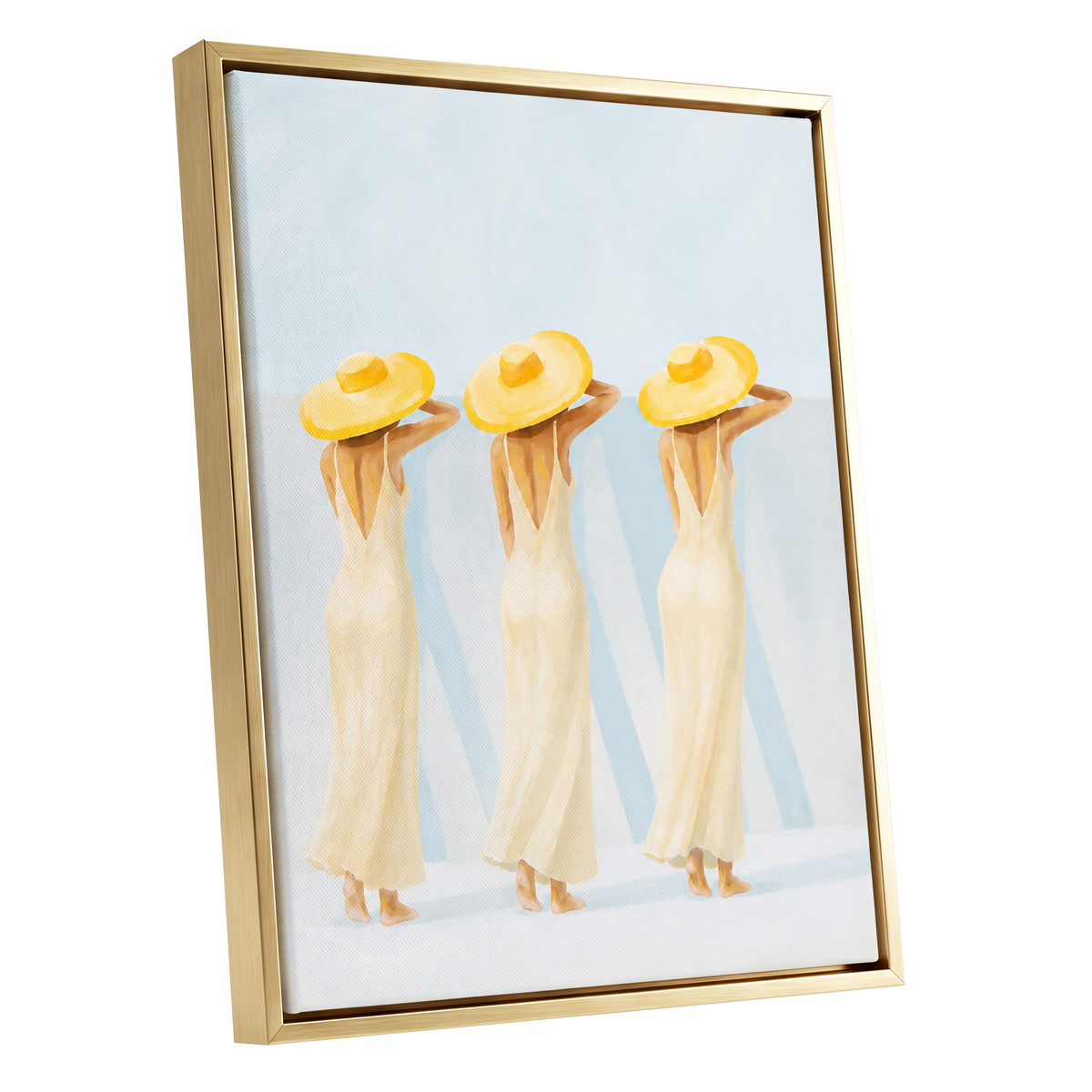 A Trio in Sunshine, blue, beige, yellow minimalist wall art shown as a gold framed canvas wall art
