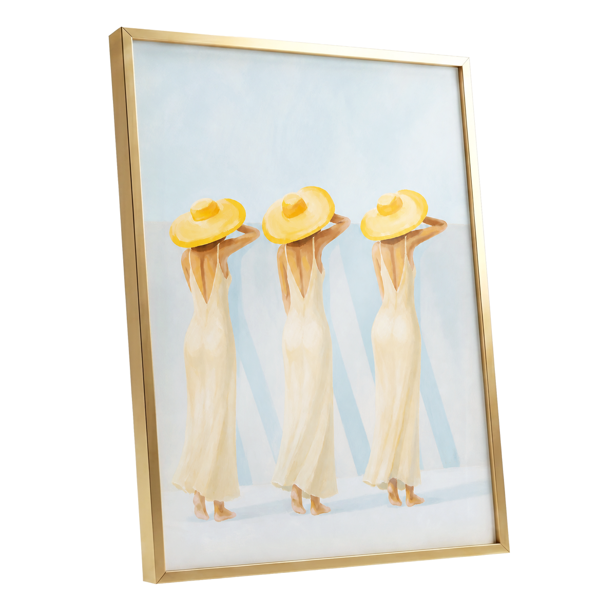 A Trio in Sunshine, blue, beige, yellow minimalist wall art shown as a gold framed poster wall art print