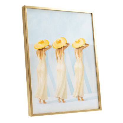 A Trio in Sunshine, blue, beige, yellow minimalist wall art shown as a gold framed poster wall art print
