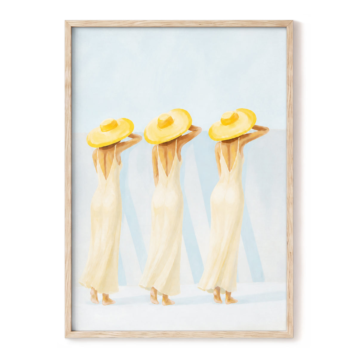 A Trio in Sunshine, blue, beige, yellow minimalist wall art, front artwork view