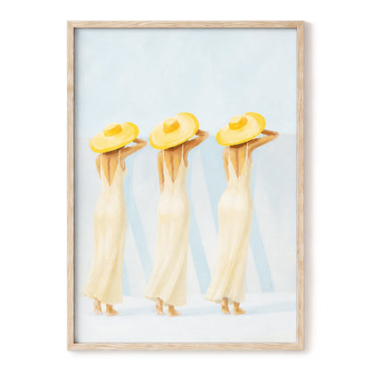 A Trio in Sunshine, blue, beige, yellow minimalist wall art, front artwork view