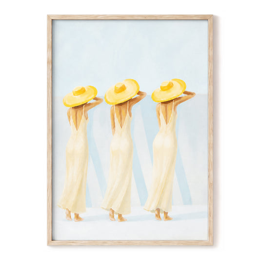 A Trio in Sunshine, blue, beige, yellow minimalist wall art, front artwork view