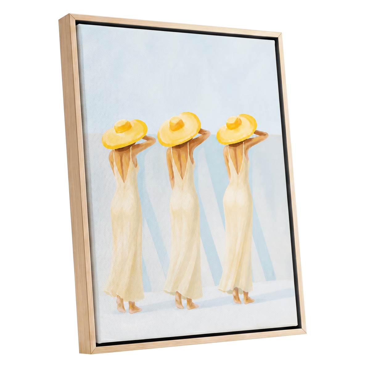A Trio in Sunshine, blue, beige, yellow minimalist wall art shown as a oak framed canvas wall art