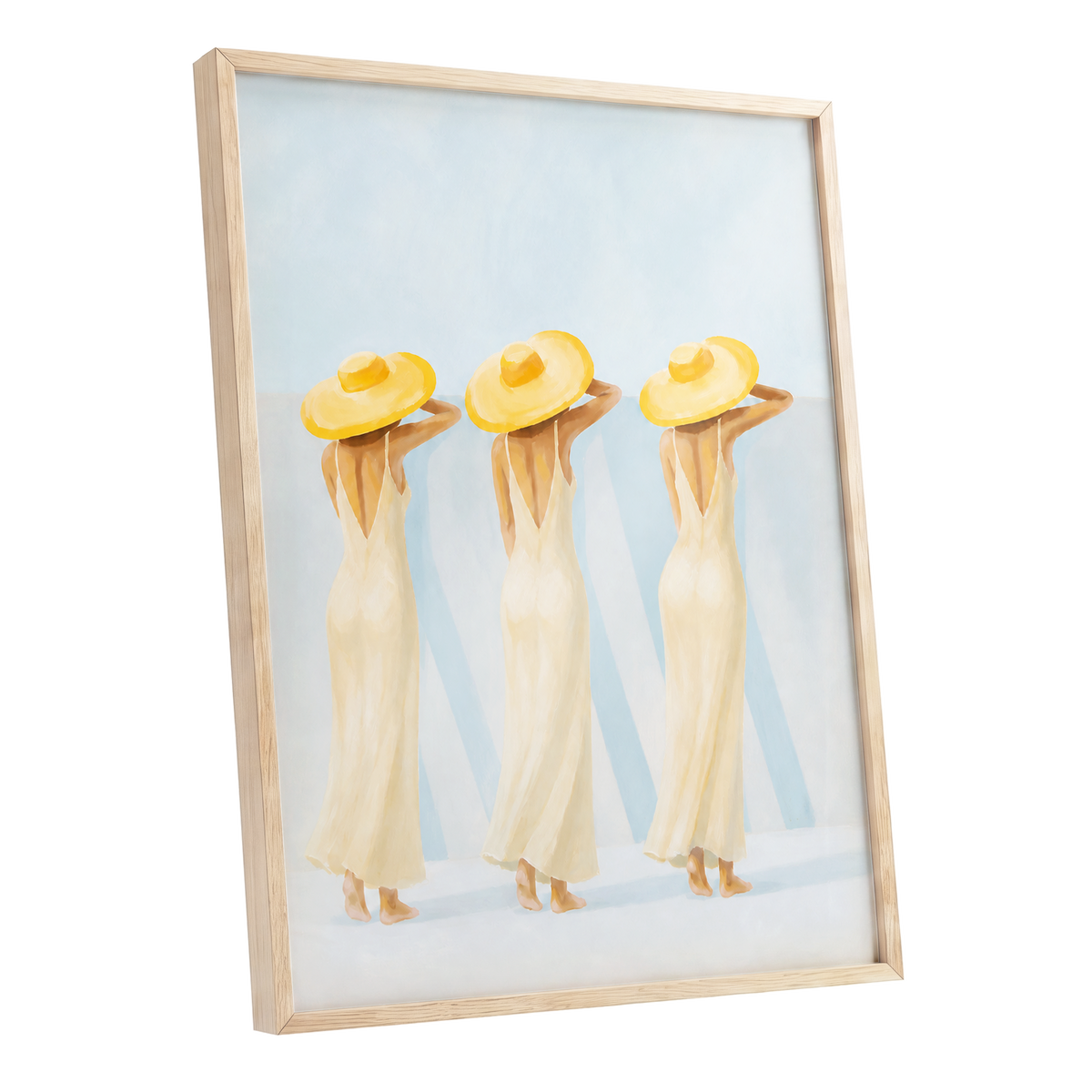A Trio in Sunshine, blue, beige, yellow minimalist wall art shown as a oak framed poster wall art print