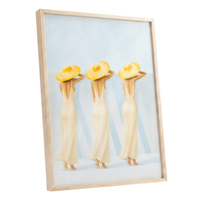 A Trio in Sunshine, blue, beige, yellow minimalist wall art shown as a oak framed poster wall art print