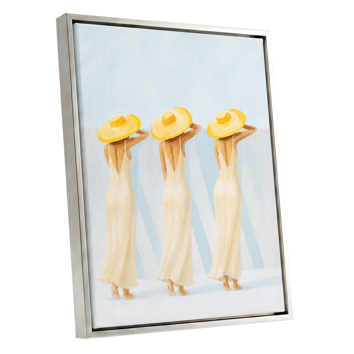 A Trio in Sunshine, blue, beige, yellow minimalist wall art shown as a silver framed canvas wall art