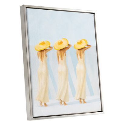 A Trio in Sunshine, blue, beige, yellow minimalist wall art shown as a silver framed canvas wall art