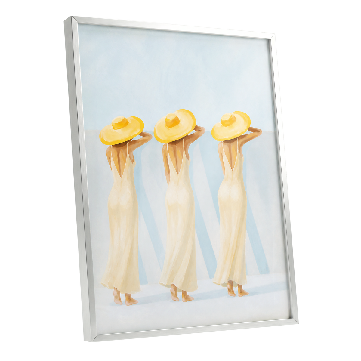 A Trio in Sunshine, blue, beige, yellow minimalist wall art shown as a silver framed poster wall art print