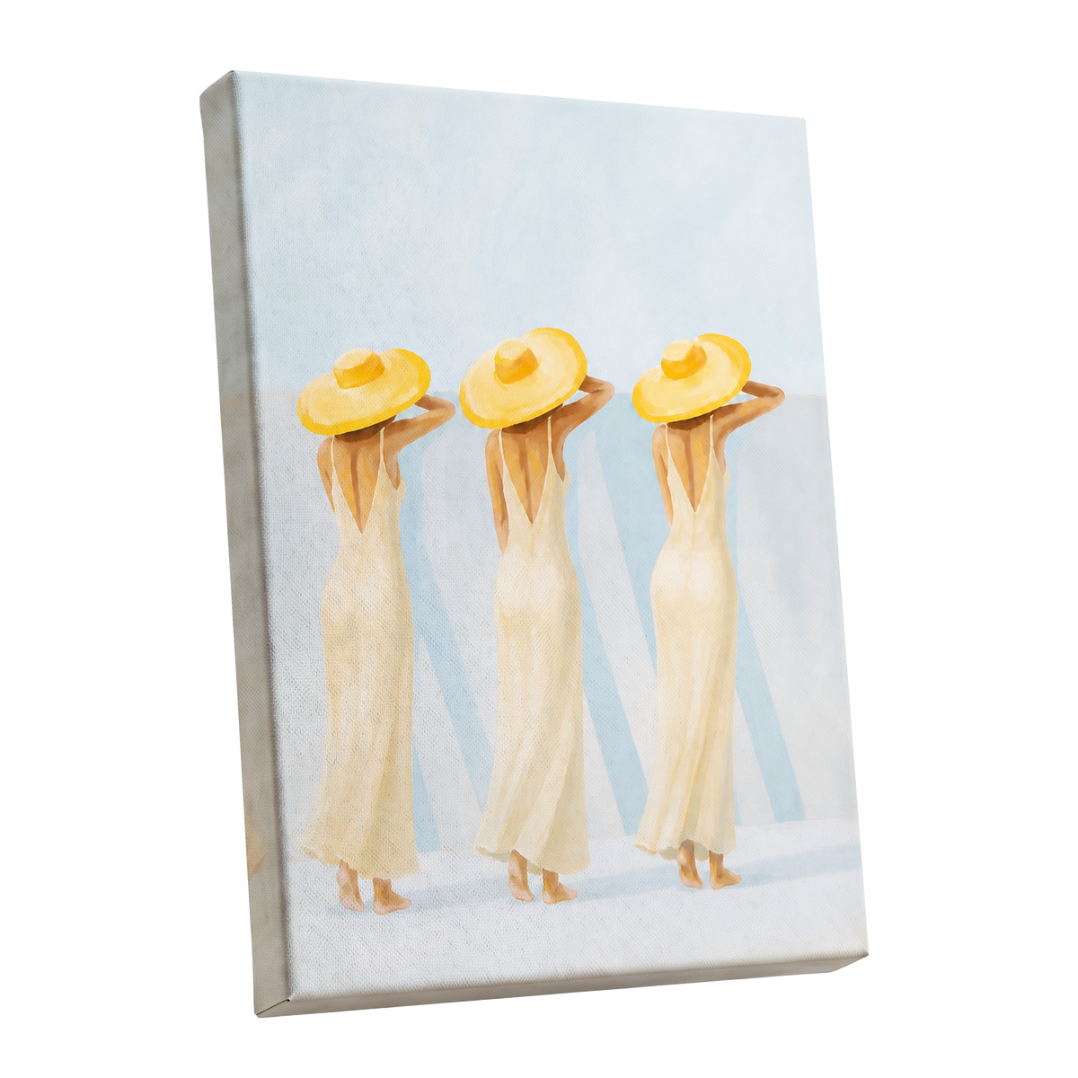 A Trio in Sunshine, blue, beige, yellow minimalist wall art shown as a stretched canvas wall art