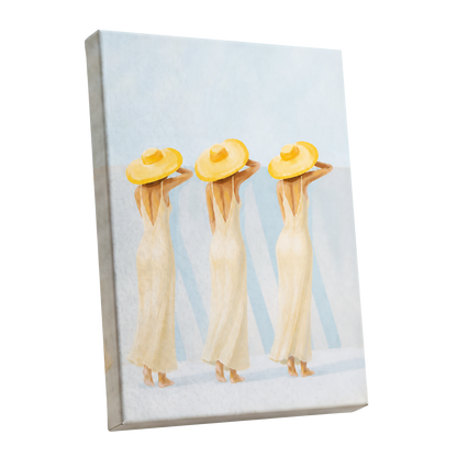A Trio in Sunshine, blue, beige, yellow minimalist wall art shown as a stretched canvas wall art