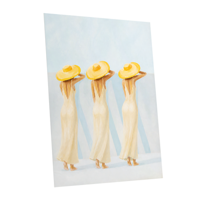 A Trio in Sunshine, blue, beige, yellow minimalist wall art shown as a unframed poster wall art print