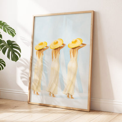 A Trio in Sunshine, blue, beige, yellow minimalist wall art displayed in a styled interior, gallery view 2
