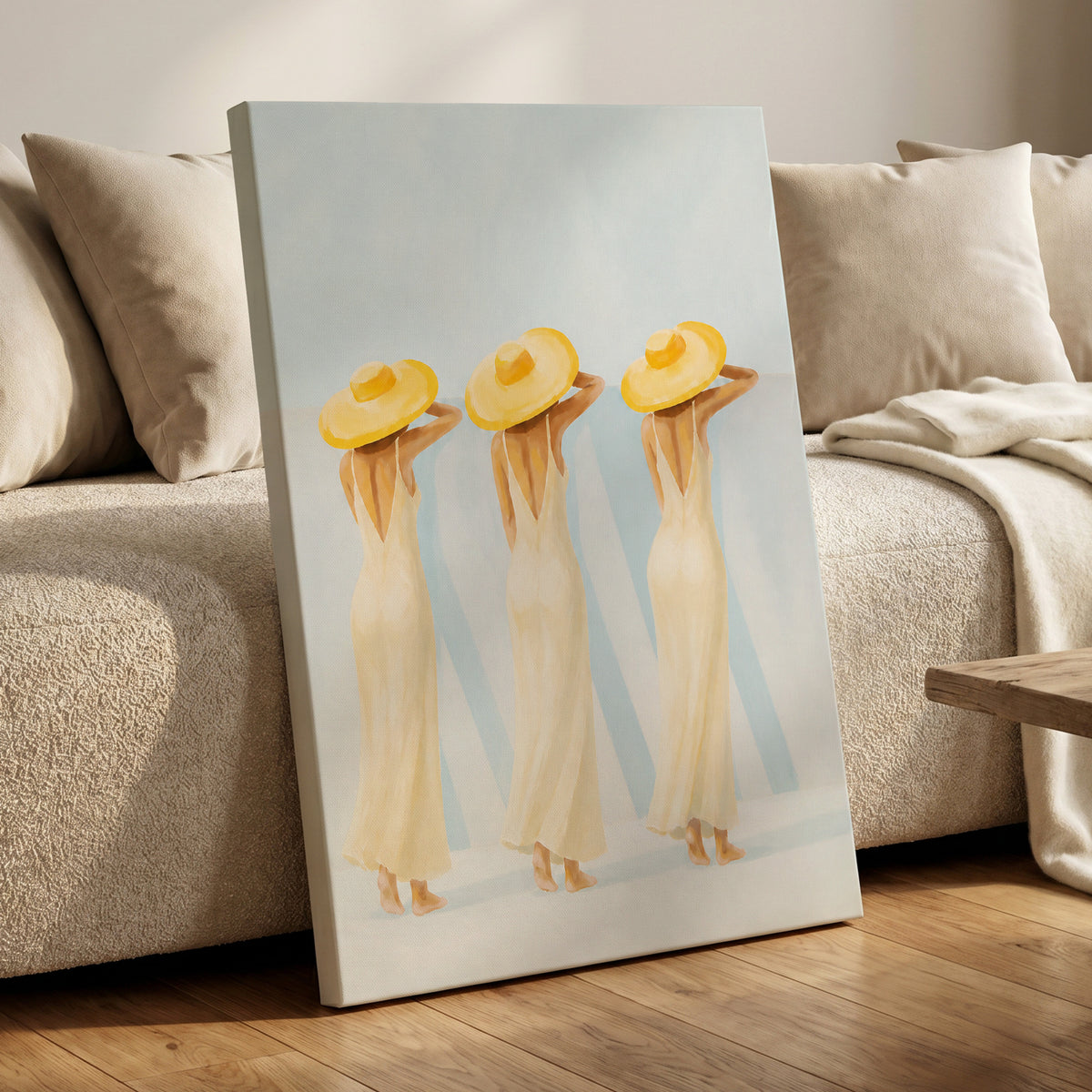 A Trio in Sunshine, blue, beige, yellow minimalist wall art displayed in a styled interior, gallery view 3
